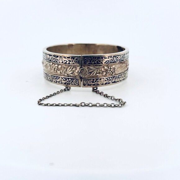 Vintage Topazio Mexico Sterling Silver Black Enamel Hinged Wide Cuff Bracelet - Picture 2 of 12